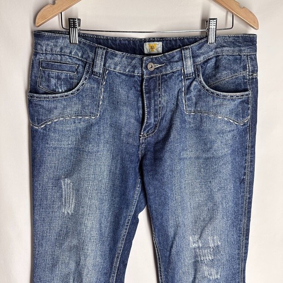 Antik Womens Denim Y2K Mid-Rise Blue Distress Patchwork  Cow Girl Jeans Size 32 - Picture 3 of 10